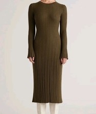 Quince Women Cotton Cashmere Ribbed Long Sleeve Crew Midi Dress Olive Green Sz M