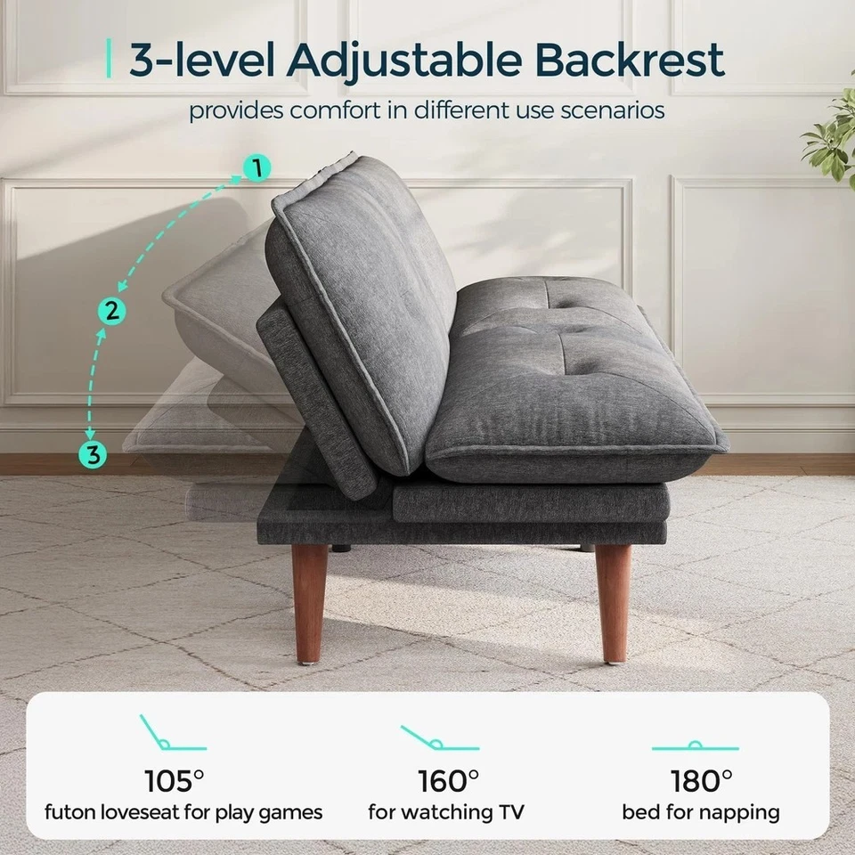 Futon Sofa Bed, 70" Futon Couch with Adjustable Backrest and Armrest, Comfy L... - Image 2 of 4