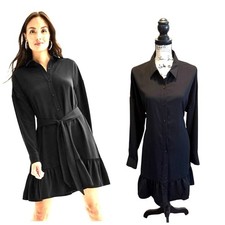 Nine West Classic Black Shirt Dress Tie Waist Ruffle Hem Size XLarge NWOT