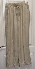 Womens Summer Pants Elastic Waist Polyester Linen Look Trousers Light Beige NEW