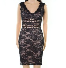 Xscape Lace Mesh Eyelash V-Neck Sheath Dress Black/Nude Size 6 $199 