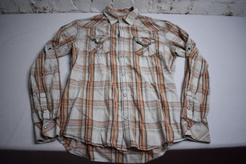 BKE Buckle Mens Large Orange Plaid Western Pearl Snap Flannel Button Up Shirt