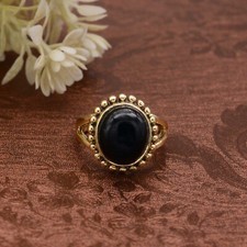 Black Onyx Gold Brass Oval Stone Ring, Handmade Promise Ring Gift for mother