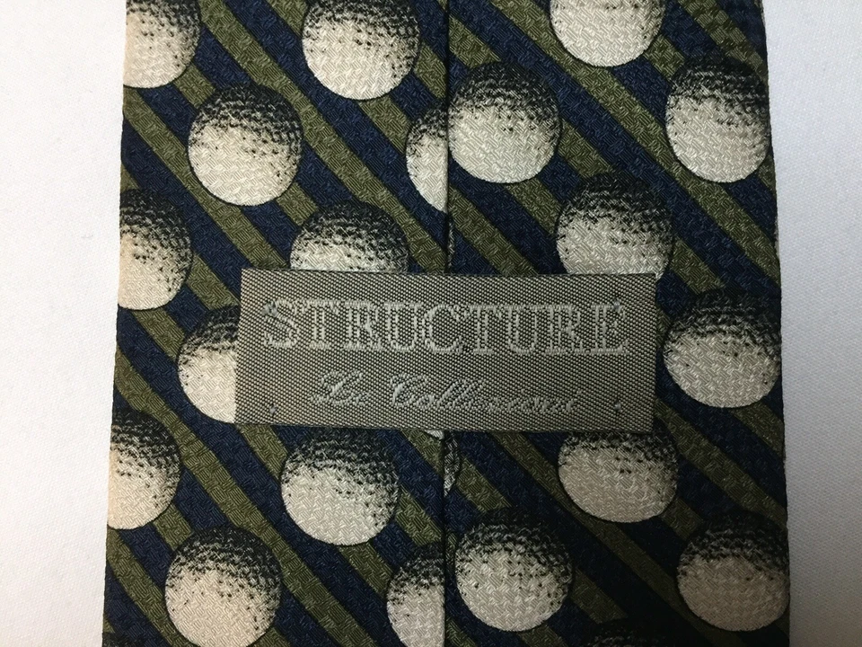 Structure 100% Silk Tie Golf Balls Navy Blue & Olive Green Stripes Golfing EUC - Image 2 of 4