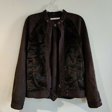 Kookai Womens Size 38 Brown Full Zip Jacket Faux Fur Trim Microsuede Band Collar