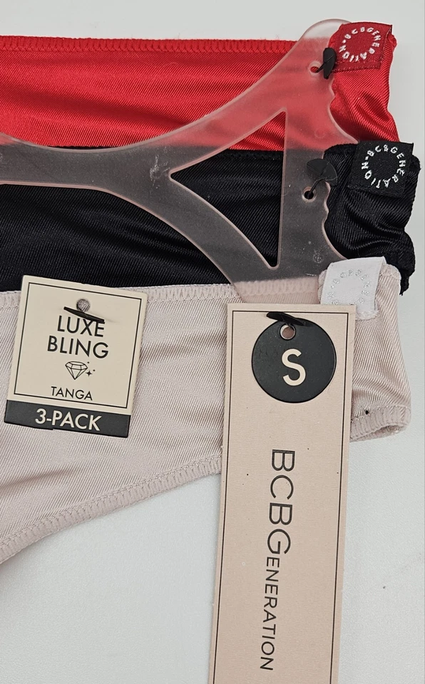 BCBGeneration 3 Pk Mujer S M L Saludos Lujo Bling Tanga Bragas Rojo Negro Beige Foto 4 de 4