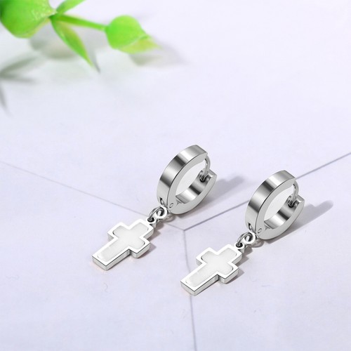 Men's Women's Cross Shell Dangle Earrings Stainless Steel Hinged Hoop Earrings - Picture 21 of 27