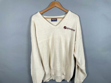 VTG 90s McBriar V-Neck Sweater Adult XL Ivory Cotton Knit Embroidered USA Made