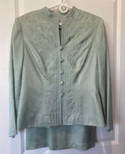 VTG Adrianna Papell Size 10 Green 100 Silk Set Jacket Skirt Evening Suit Party