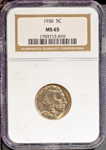 1936 5c Indian Head Buffalo Nickel MS 65 NGC # 1703712-019 + Bonus