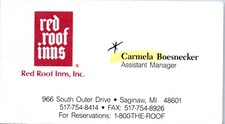 Red Roof Inns, Inc., Carmela Boesnecker, Saginaw, Michigan business card