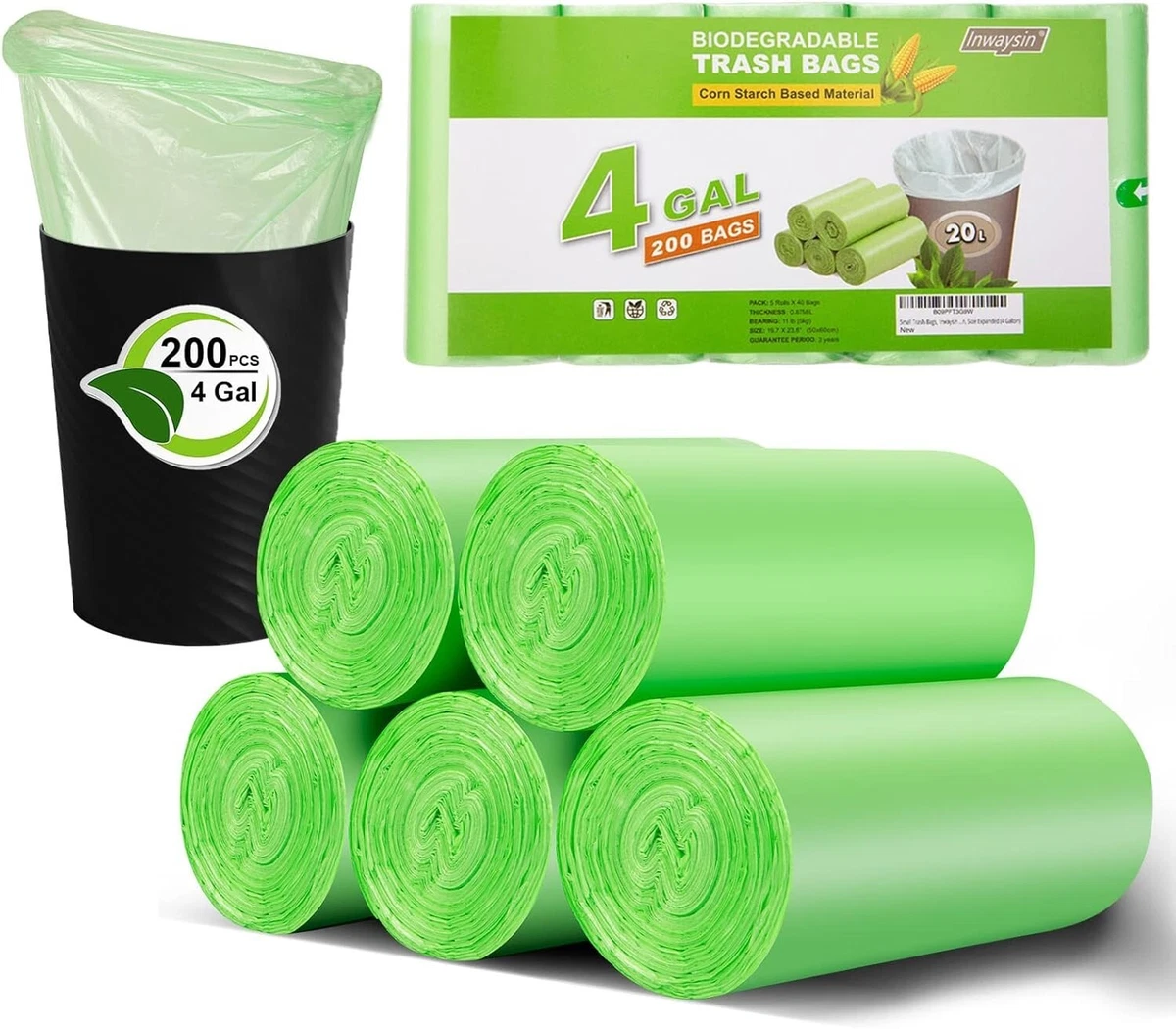 Small Trash Bags 4-6 Gallon Inwaysin 200 Count Biodegradable Trash