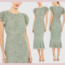 NWT $498 Mac Duggal [ 8 ] 10771 Hand Beaded Flounce Sleeve Midi Dress Sage #J604