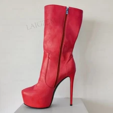 Women Calf Boots Platform Faux Leather Thin High Heels Ladies Boots Shoes Woman