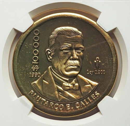 1990 MEXICO PLUTARCO CALLES BRASS PATTERN 100,000 PESOS NGC PR65 CAMEO KM-PN245