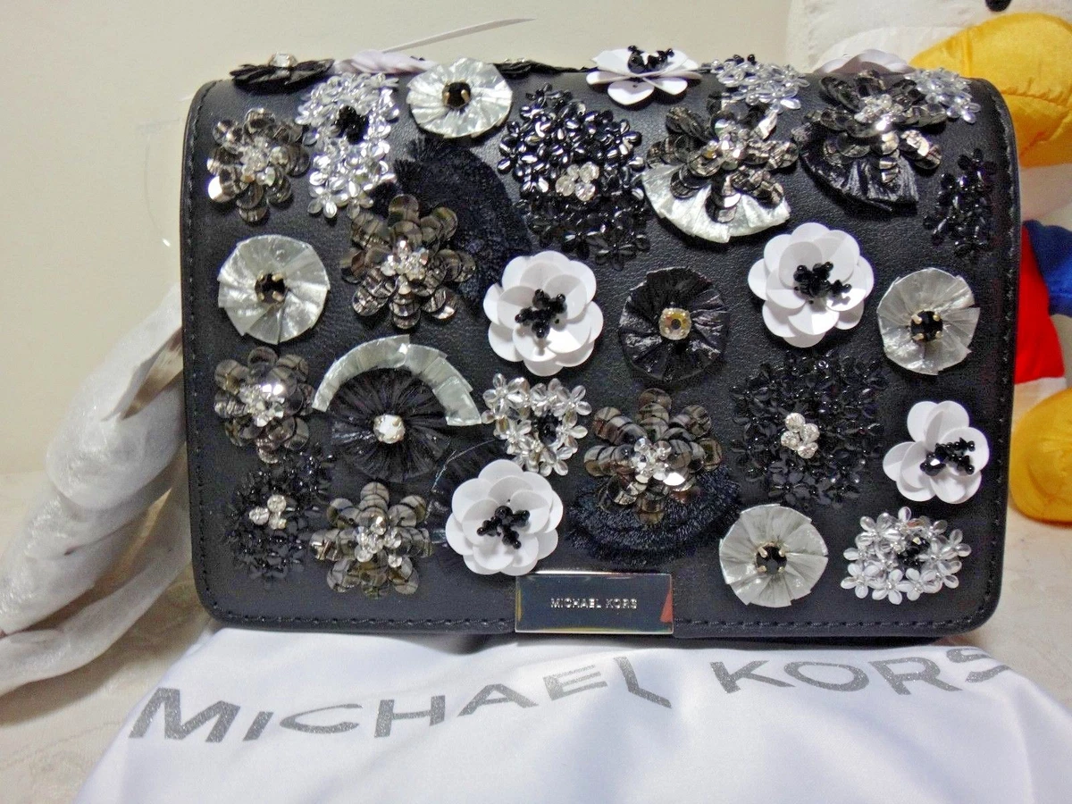 NWT Michael Kors Jade Floral Sequined Leather Clutch Black