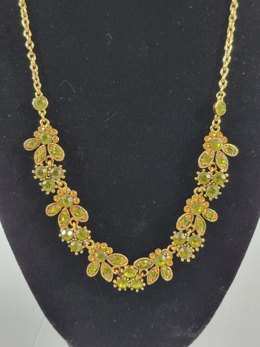VCLM Statement Fashion Necklace Green Yellow Rhinestones Gold Tone 19