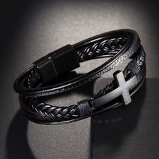 Men's Cross Leather Braided Bracelet Cuff Band Bangle Magnetic Handmade