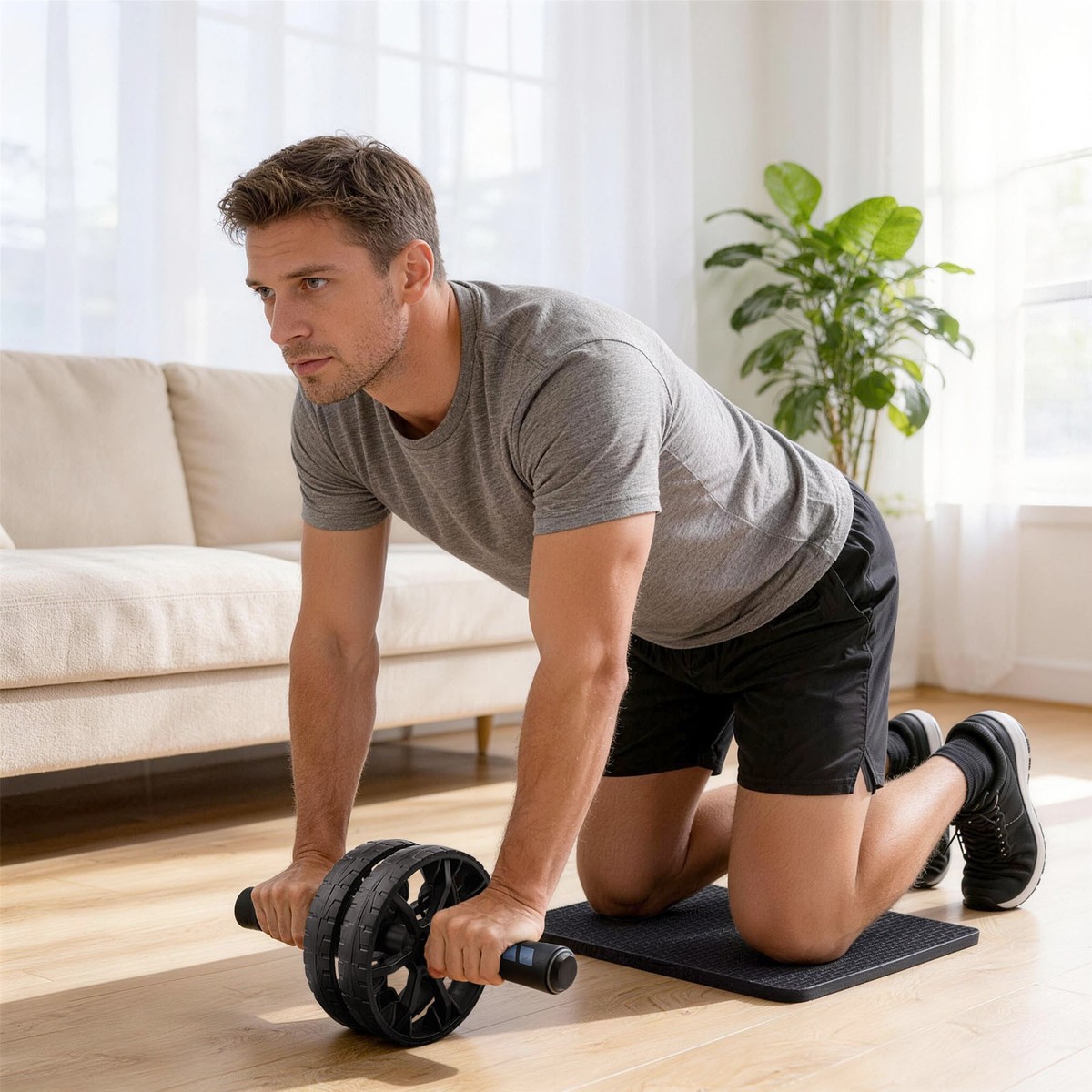 11.81*6.1*6.1in Black Ab Roller Wheel With Knee Pad For Abdominal