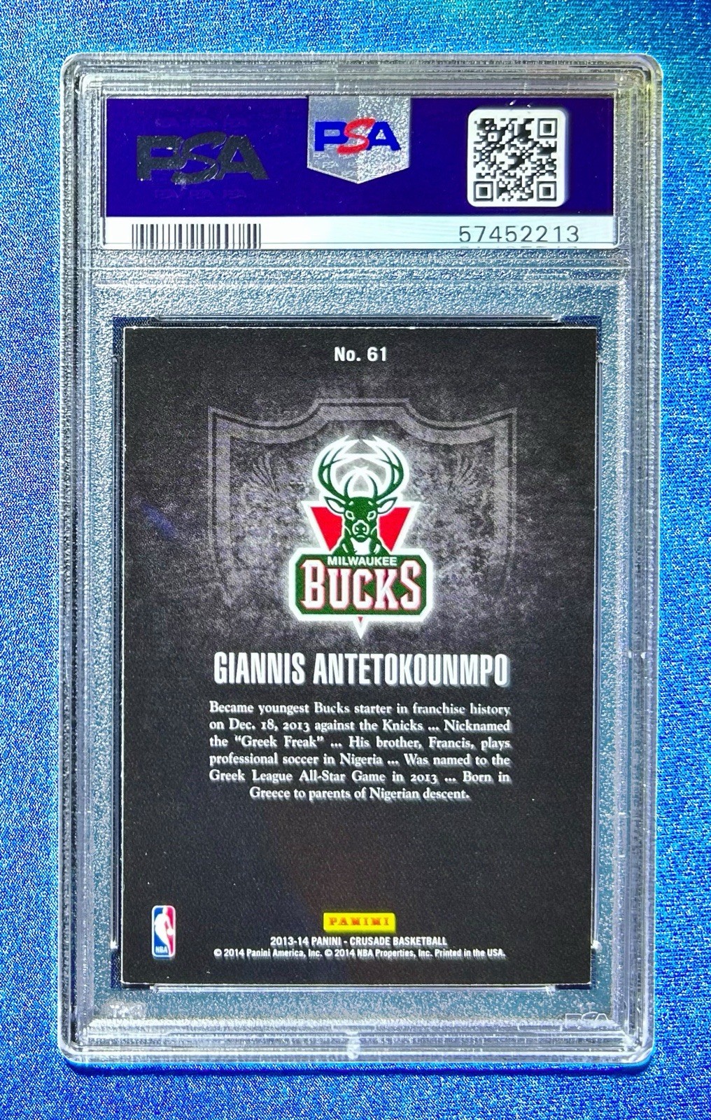 2013 Giannis Crusade Blue Rare Rookie Parallel Limited Edition 13-14 SP RC PSA view 2
