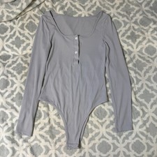 SHEIN Gray Ribbed Long Sleeve Bodysuit Womens M Snap Henley Stretch Casual Top