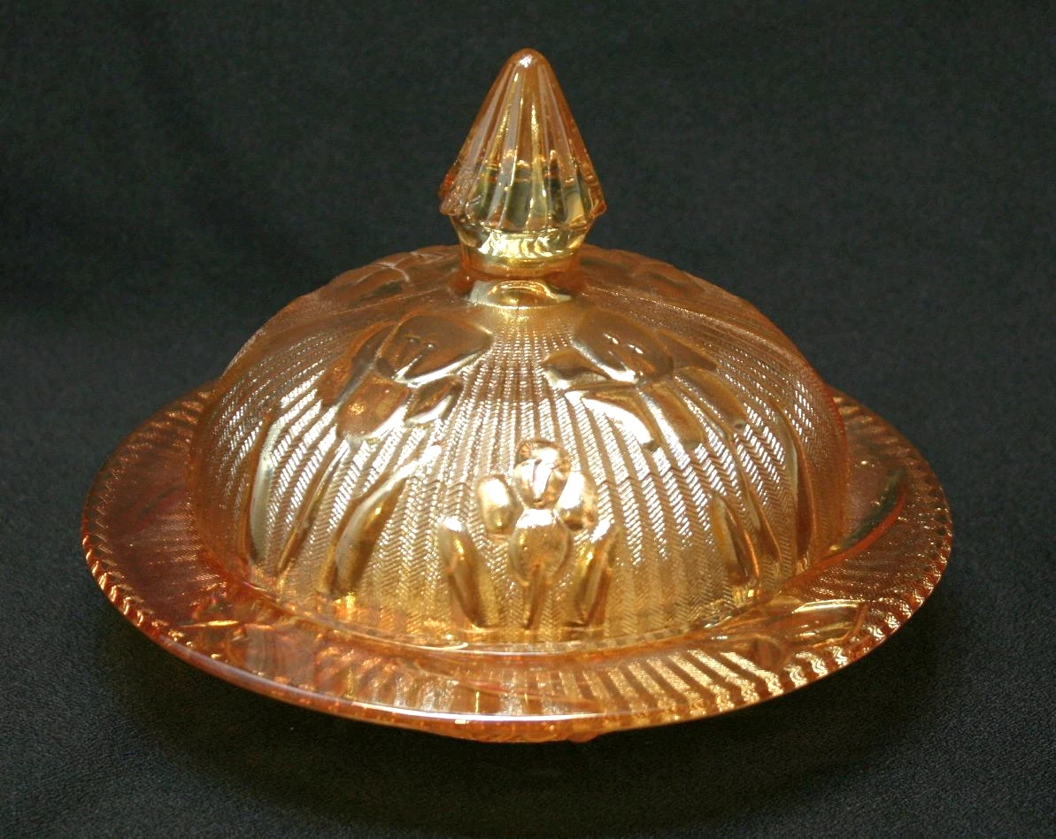Vintage Jeannette Iris & Herringbone Iridescent Butter Dish with Lid Exc. Cond.