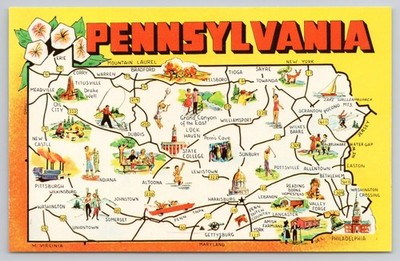 Vintage Pennsylvania State Map Postcard Keystone State Comic Graphic Wyco Colour