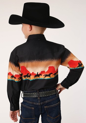 Roper Boys Kids Black 100% Cotton Red Mesa Scenic L/S Shirt XS - Picture 3 of 4