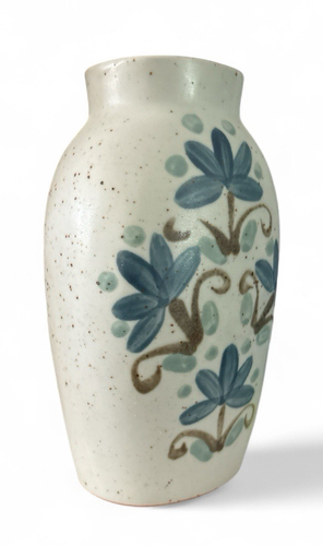 Vintage UCTCI Blue Floral Brown Speckled Stoneware Pottery 6” Tall Vase Japan - Picture 9 of 11