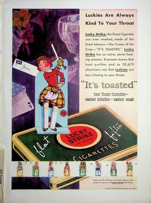 Original 1930 Tobacco Print Ad: Lucky Strike, Luckies are always kind to Throat
