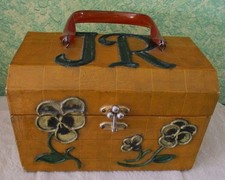 Vintage Mushrooms Pansy floral Lucite handle Decoupage Box Handbag purse JR mono