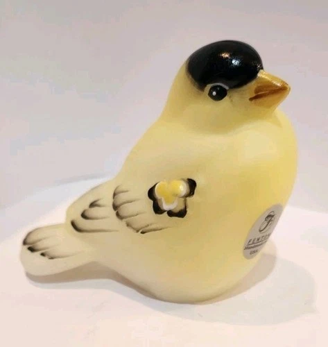 FENTON ART GLASS NATURAL GOLDEN FINCH HAND PAINTED SIGNED BIRD SILVER LABEL