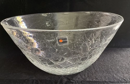 1990’s Blenko Crystal Crackle Glass Centerpiece Salad Bowl w/Label 5”x10.5”