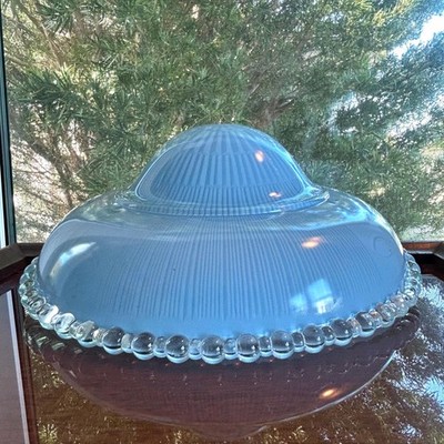 Vintage Blue Ribbed Glass Light Shade with Clear Beaded Rim 10.5 