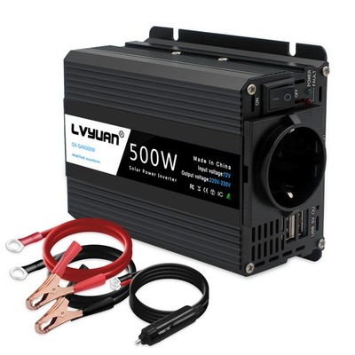 Auto Spannungswandler 500W 12V auf 230V Wechselrichter Inverter mit 2USB Schwarz