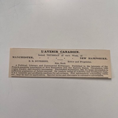 L'Avenir Canadien E. R. Dufresne Manchester NH 1890 Newspaper Ad SAI7-M7