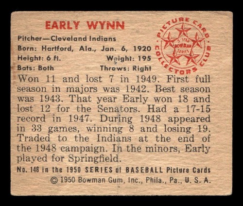 Early Wynn 1950 Bowman Card #148 Cleveland Indians (No Creases) - 第 2/2 張圖片