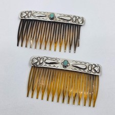 Vintage Navajo Sterling Silver Turquoise Hair Combs   Matched Pair   Mid Century