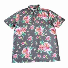 Bad Birdie Men s Perfomance Golf Polo Shirt Sz L Floral Print Grey Pink EUC