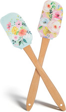 2Pcs Floral Silicone Spatula Set with Wooden Handle, Heat Resistant Rubber Scrap