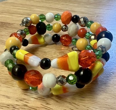 Orange Black Silver Candy Corn Memory  Wire Bracelet Halloween 