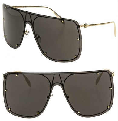 ALEXANDER MCQUEEN AM0313S Gold Skull Black Metal Shield Mask Sunglasses 0313 001