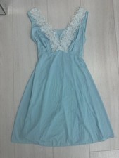 Vintage Tricot Nylon Nightgown Sz S - Blue - Lace Trim