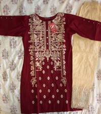 pakistani red kurta with tan pant stitched new from masoori