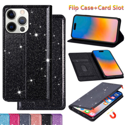 Flip Case für iPhone 15 Pro Max 14 13 12 11 Hülle Glitzer Kartenfach  Schutz