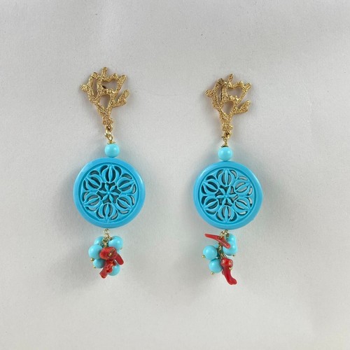 handmade pendant earrings italy metal textured coral turquoise natural stones - Picture 3 of 8