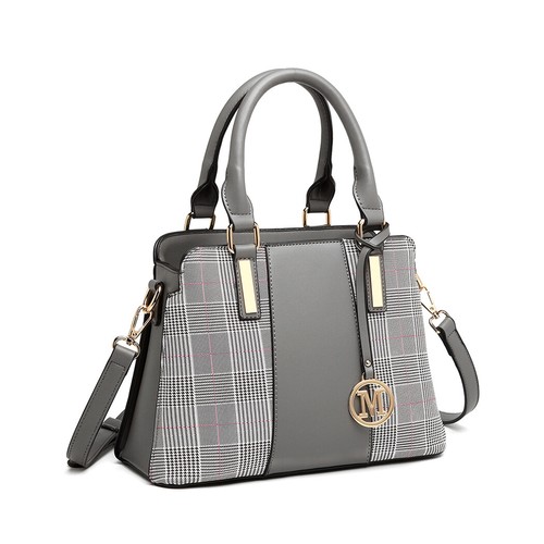 Ladies Gingham Plaid Panel Women Shoulder Bag Faux Leather Tote Handbag - Picture 11 of 16