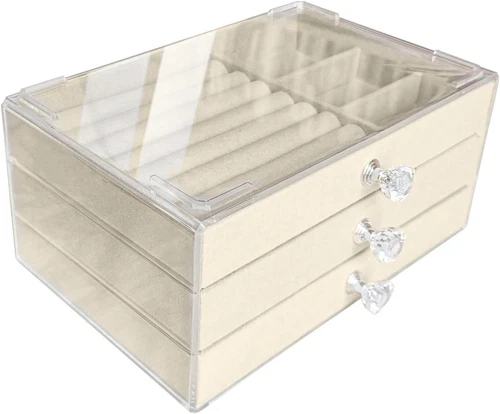 Acrylic Jewelry Organizer 3 Drawers Storage Transparent Jewelry Display Beige X - Picture 5 of 15