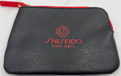 SHISEIDO Makeup Bag BLACK / RED  6''x5'' w/zipper Faux leather Cosmetic Pouch NEW