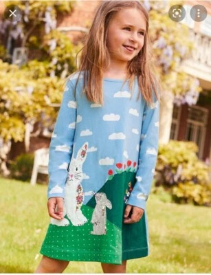 Mini Boden Girls Blue Bunny Easter Appliqué Jersey Dress BRAND NEW G2207